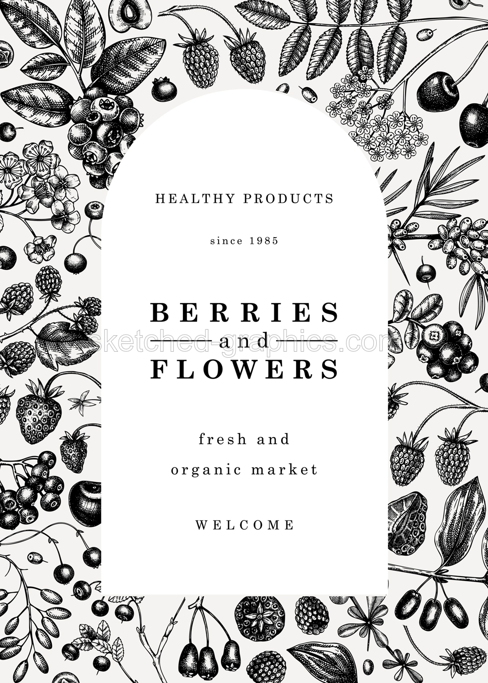 Wild berries card or invitation sketched style. Hand drawn fruits and flowers vector frame design. Vintage forest plants sketch. Summer berries - strawberry, raspberry, bilberry, blackberry, cherry.  Illustration